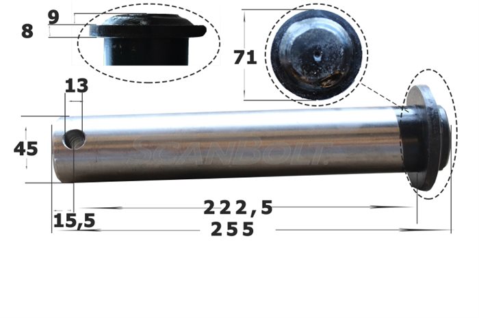 45x255 mm. Bolzen ohne Schmierung