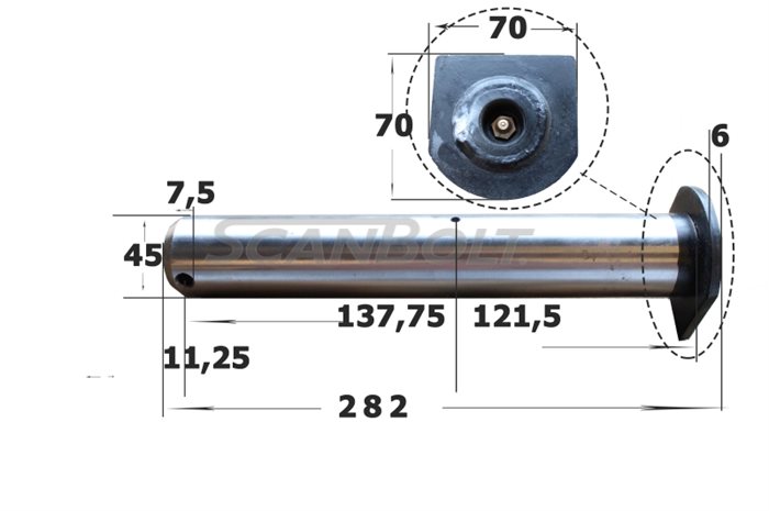 45x282 mm. Bolzen mit Schmierung